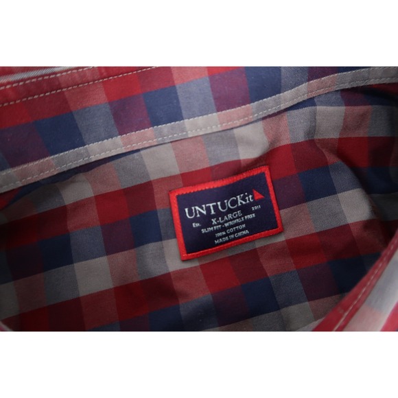 UNTUCKit Mens XL Slim Red Navy Checks Gingham Button Front Wrinkle Free Shirt - Picture 3 of 10